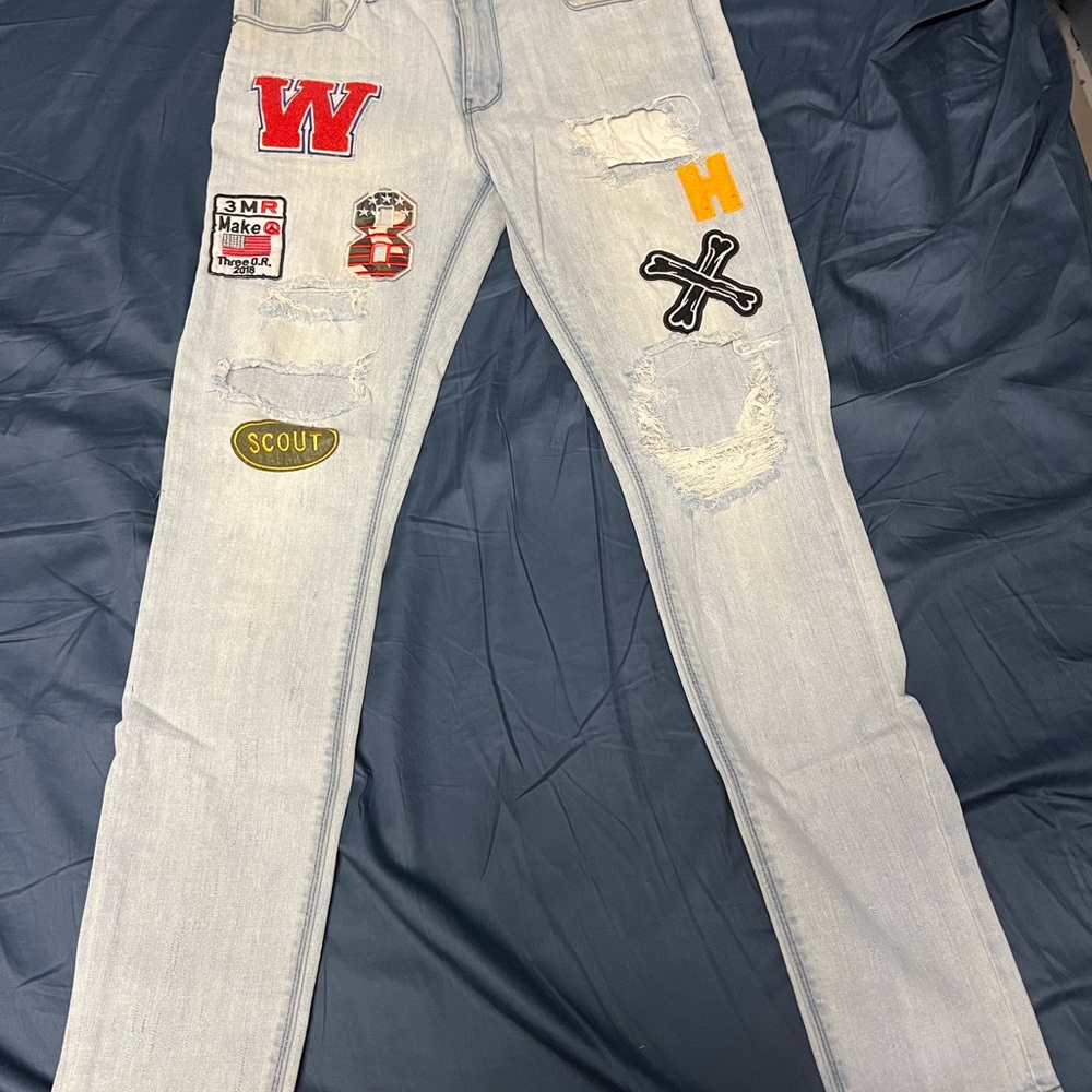 Blue and Red Slim Jeans with Distinctive Patches